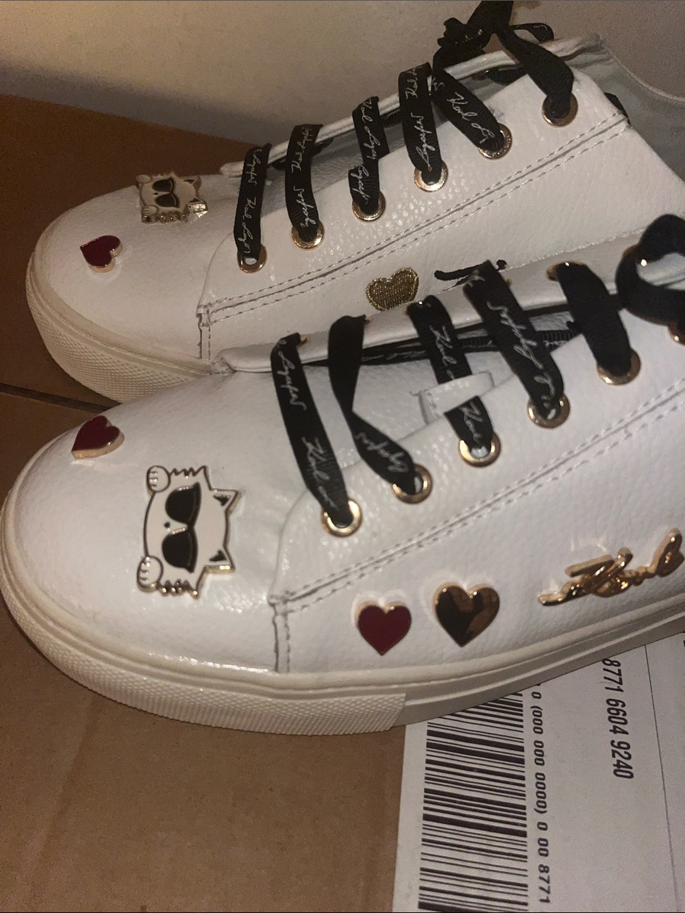 Karl Lagerfeld White Leather Sneakers with Gold & Red Heart Accents